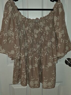 Chenault Taupe Floral Smocked Off-Shoulder Blouse